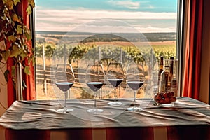 wine tasting setup with empty glasses and vineyard view