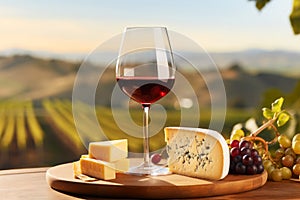 Wine tasting in the vineyard: cheese, grapes, and red wine