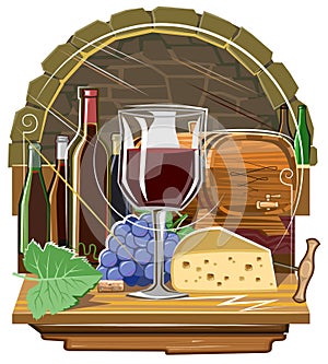 Wine tasting in the wine cellar. Emblem. Red grape wine, bottles, glass and wooden barrel. Symbolic art about winemaking. Isolated