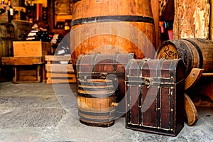 Wine tasting in winery - Wooden barrels and bottles of aged excelent wine