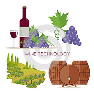 Wine Technology. Bottle of Vine, Beaker, Vineyard