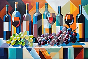 Wine themes in the style of cubism. Bottles, glasses and grapes on the table