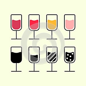 Wine types icon set. Red, white and rose wine glasses. Vector