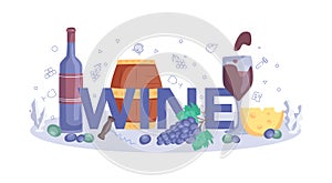 Wine typographic header. Grape wine in a wood barrel, bottle