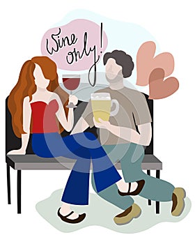 Wine only! Vector isolated illustration with lettering. Couple sitting on the bench and drinking.