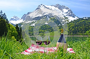 Wine and vegetables served at a picnic