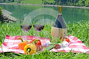 Wine and vegetables served at a picnic