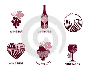 Wine, vineyard, organic natural winery logo collection. Vineyard field and grapes symbols and icons