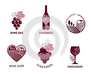 Wine, vineyard, organic natural winery logo collection. Vineyard field and grapes symbols and icons photo