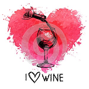 Wine vintage background with banner. Hand drawn sketch illustration with splash watercolor heart