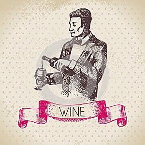 Wine vintage background. Hand drawn sketch illustration