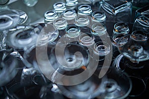 Wine and vodka glasses in shelf above a bar rack in restaurant