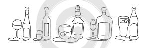 Wine vodka whiskey liquor beer bottle and glass outline icon on white background. Black white cartoon sketch graphic design.