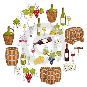 Wine and wine making set vector illustrations