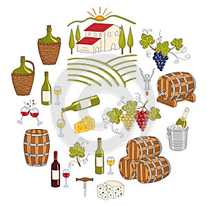 Wine and wine making set vector illustrations