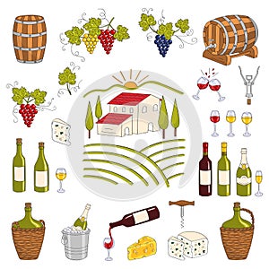 Wine and wine making set vector illustrations