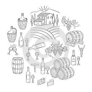 Wine and wine making set vector illustrations