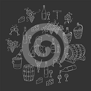 Wine and wine making set vector illustrations