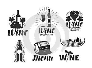 Wine, winery logo. Drink, alcoholic beverage symbol or icon. Lettering vector illustration