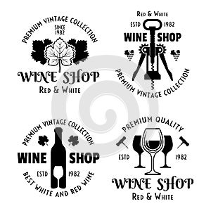 Wine and winery set of vector emblems, labels, badges or logos in vintage style isolated on white background