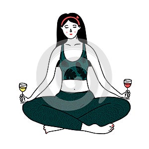 Wine yoga illustration. Young woman in crossed legs pose with glasses of white and red wine. Vector doodle line drawing.