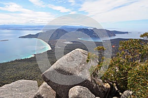 Wineglass bay from Mt Freycinet in Freycinet National Park in Tasmania, Australia