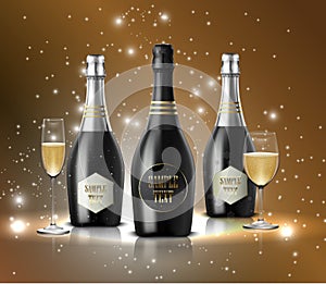 Wineglass with black wine bottles of champagne on sparkling background