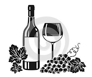 Wineglass bottle grape bunch engraving composition wine products vintage ink shape hand drawn design