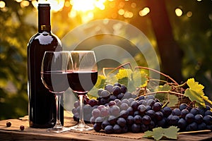 Wineglass and bottle of red wine on vineyard background, Two glasses of red wine and a bottle in the vineyard with grapes, AI