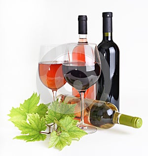 Wineglass, bottle of wine and leaf