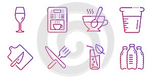 Wineglass, Coffee maker and Cutting board icons set. Tea cup, Food and Water glass signs. Vector