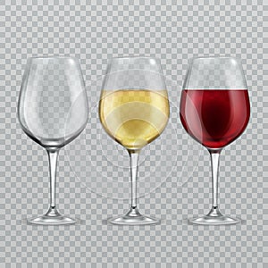 Wineglass. Empty with red and white wine in transparant wineglasses isolated glassware vector illustration