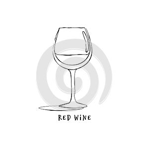 Wineglass red wine. Drink element. Black white. Retro glass wine hand draw, design for any purposes. Restaurant illustration.