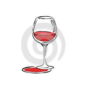 Wineglass red wine. Drink element. Color object. Retro glass wine hand draw, design for any purposes. Restaurant illustration.