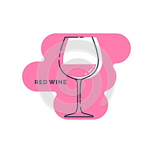Wineglass red wine in flat style. Isolated on colored shape as background. Restaurant alcoholic illustration in line art for
