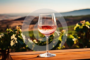 Wineglass with red wine on vineyard in Tuscany, Italy, A chilled glass of rosÃÂ© wine against a backdrop of vineyards, AI Gener