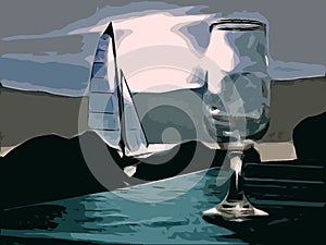 Wineglass and sailboat in background at night