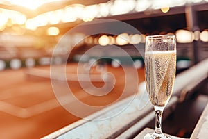 Wineglass with sparkling beverage stands on armrest at tennis