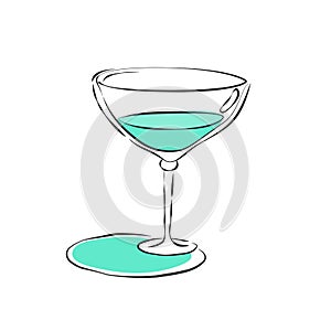 Wineglass vermouth. Drink element. Color object. Retro glass wine hand draw, design for any purposes. Restaurant illustration.