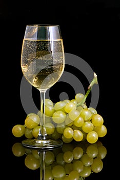 Wineglass with white wine and grapes on a black background