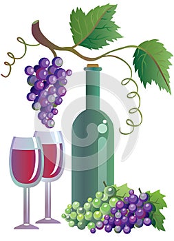 Wineglass, winebottle and grapevine