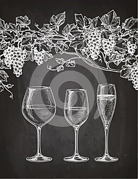 Wineglasses and grape vine on chalkboard