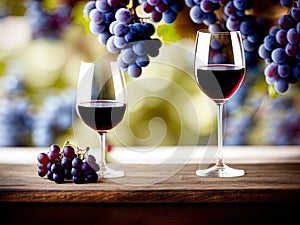 Wineglasses and grapes on a table.