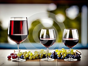 Wineglasses and grapes on a table.