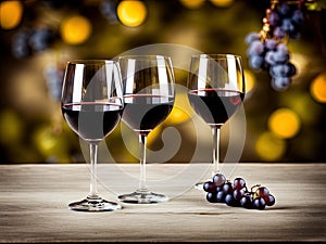 Wineglasses and grapes on a table.