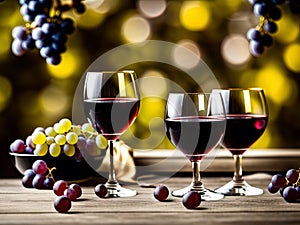 Wineglasses and grapes on a table.