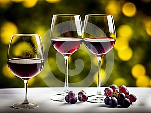 Wineglasses and grapes on a table.