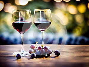 Wineglasses and grapes on a table.