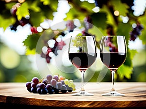 Wineglasses and grapes on a table.