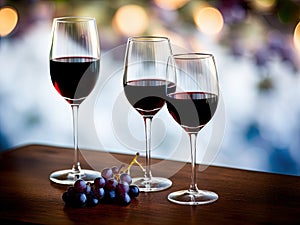 Wineglasses and grapes on a table.